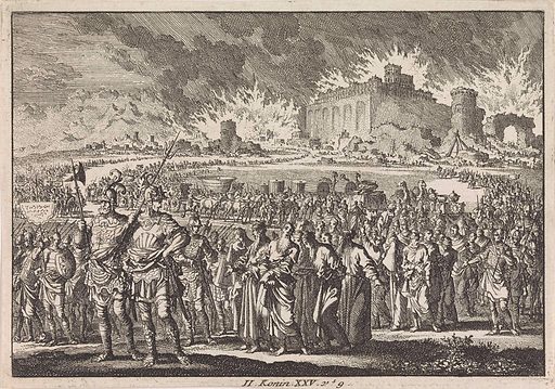 A historical etching showing a city in flames with a long line of captives being led away by armed soldiers.