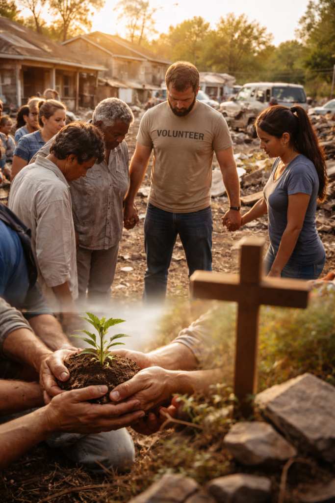Humanitarian aid and environmental care by a church, with a cross and light in the background.