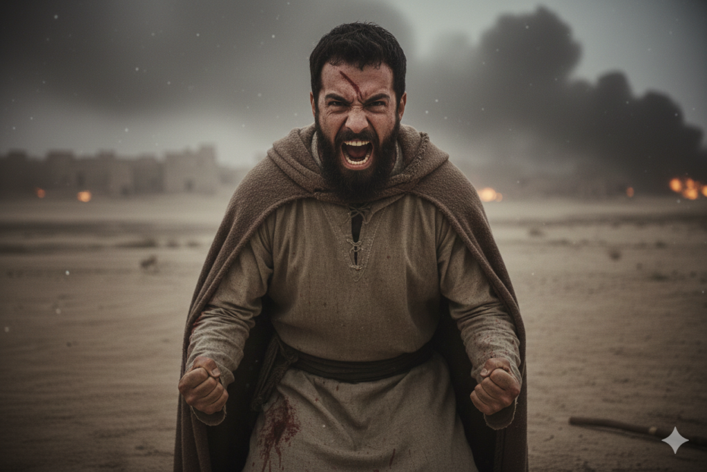 A person clenching fists or looking upward in frustration.