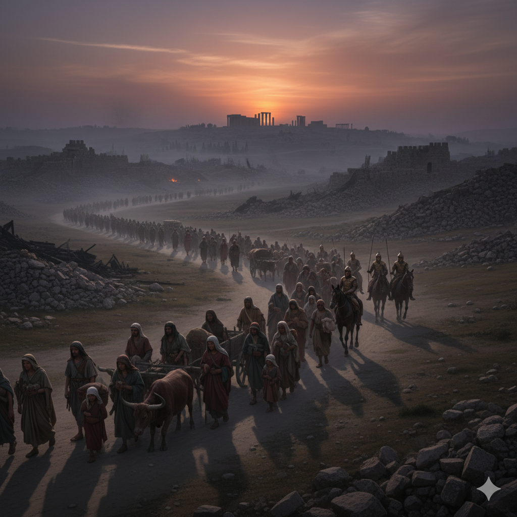 Ruins of an ancient city or walls to represent Jerusalem after the siege.