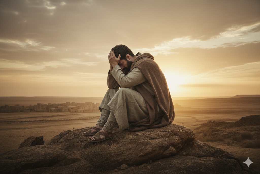 Person with head in hands, crying or sitting in despair.