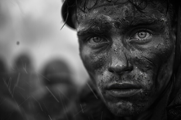 A gritty, black-and-white close-up of a soldier’s face covered in mud and rain.