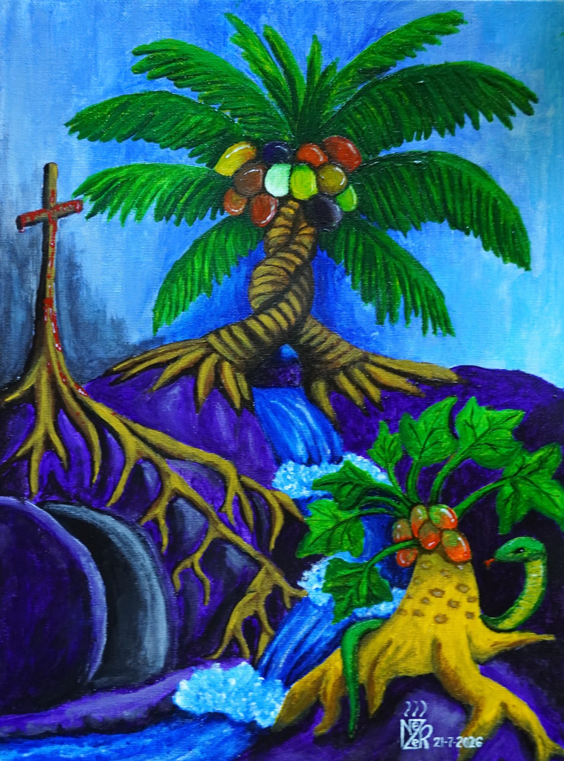 Painting of three symbolic trees in the Bible